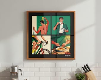 Perfect Day Poster for Cyclists and Athletes | Coffee, Shower, Bicycle and Food | Illustration Wall Decor | Gift for Men
