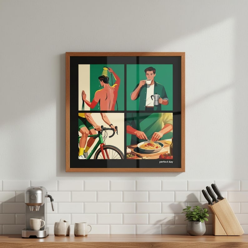 K&ouml;nnte beinhalten: Gerahmter Kunstdruck mit vier Panels, die die t&auml;glichen Aktivit&auml;ten einer Person darstellen. Die Panels zeigen eine Person beim Duschen, Kaffeetrinken, Fahrradfahren und Essen von Pasta. Der Text "perfect day" steht unten.