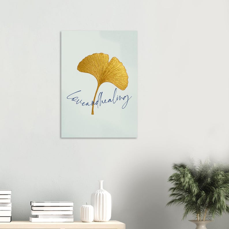 Goldenes Ginkgo Blatt Poster | Love and healing Schriftzug | strukturierter hellgrüner Hintergrund | Heilungs- und Wanddeko immagine 3