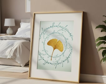 Golden Ginkgo Circle Poster "Love and Healing" | Meditation Wall Art | Mindfulness & Positive Energy Decor