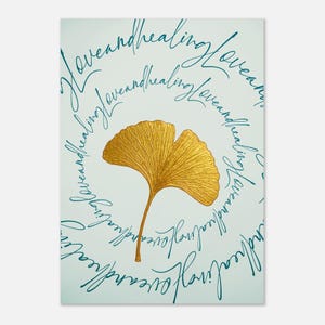 Goldenes Ginko Circle Poster „Love and Healing“ | Meditations Wandbild | Achtsamkeit & positive Energie Deko afbeelding 2