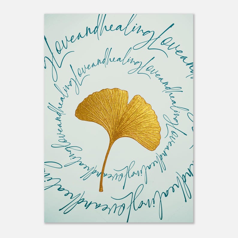 Goldenes Ginko Circle Poster „Love and Healing“ | Meditations Wandbild | Achtsamkeit & positive Energie Deko afbeelding 2