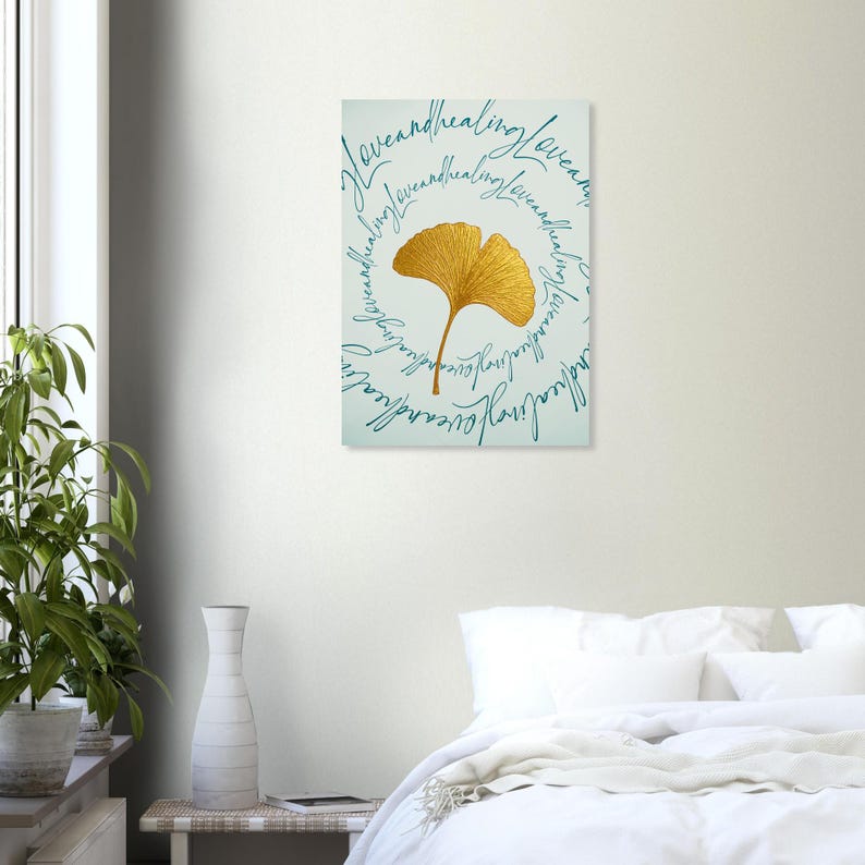 Goldenes Ginko Circle Poster „Love and Healing“ | Meditations Wandbild | Achtsamkeit & positive Energie Deko afbeelding 5