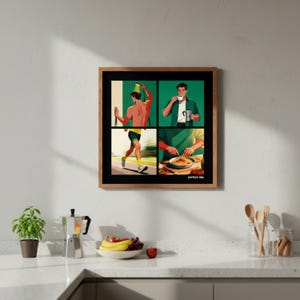 K&ouml;nnte beinhalten: Ein gerahmter Kunstdruck mit vier Panels, die die t&auml;gliche Routine eines Mannes zeigen: Dehnen, Kaffee trinken, Laufen und Pasta essen. Das Kunstwerk hat einen Retro-Stil mit einem gr&uuml;nen und braunen Farbschema. Der Text "perfect day" steht unten.
