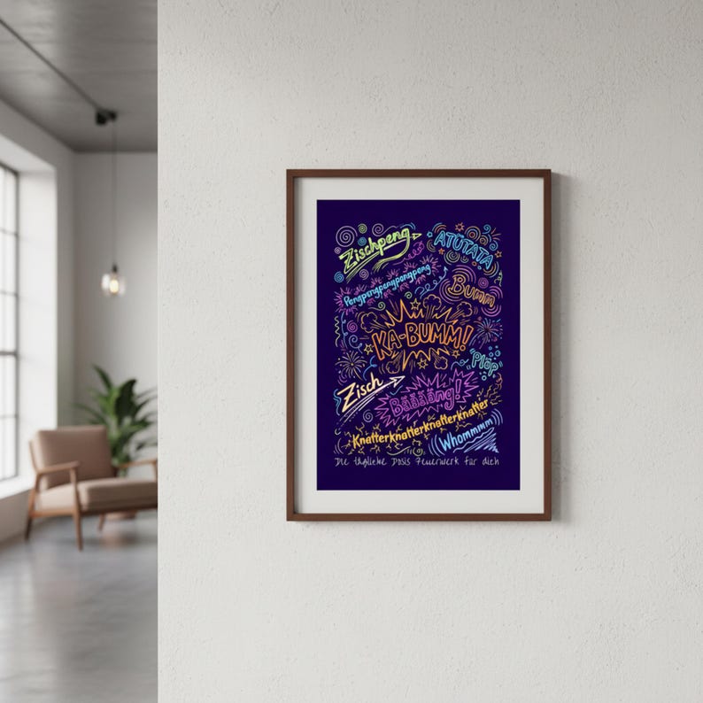 May include: A framed print with a dark blue background features colourful, handwritten text and illustrations. The text includes words like "Zischpeng," "KA-BUMM!," and "Whommmm." The artwork is in a brown frame.