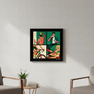 K&ouml;nnte beinhalten: Ein gerahmter Kunstdruck mit vier Panels, die t&auml;gliche Aktivit&auml;ten darstellen. Die Panels zeigen eine Person beim Duschen, Kaffeetrinken, Fahrradfahren und Kochen. Der Text "perfect day" befindet sich unten.