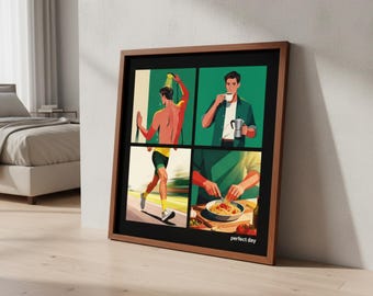 Perfect Day Poster for Runners and Athletes | Coffee, Shower, Jogging and Food | Illustration Wall Decor | Gift for Men