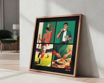 Perfect Day Poster for Footballers and Athletes | Coffee, Shower, Jogging and Food | Illustration Wall Decor | Gift for Men