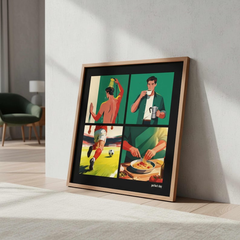 May include: Framed art print with four panels showing a man playing football, drinking coffee, and cooking. The artwork uses green, red, and beige tones. The text "perfect day" is in the bottom right corner of the print.