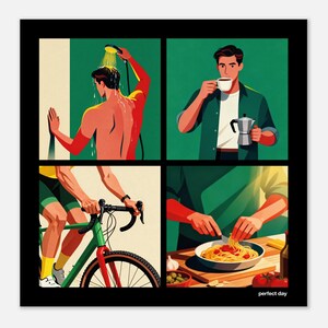Poster Perfect Day für Radfahrer und Sportler | Kaffee, Dusche, Fahrrad und Essen | Illustration Wanddeko | Geschenk für Männer Bild 2