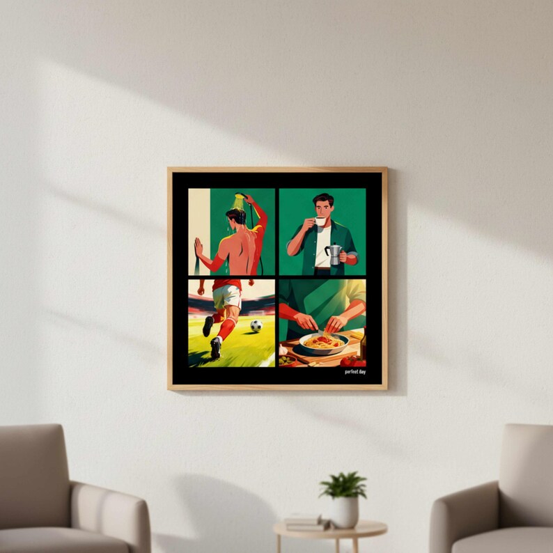 May include: A framed art print with four panels showing a man in different scenes. The top left shows a man celebrating, the top right shows a man drinking coffee, the bottom left shows a man playing football, and the bottom right shows a man eating pasta. The text "perfect day" is at the bottom right.
