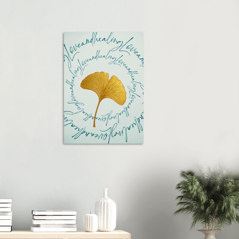 Goldenes Ginko Circle Poster „Love and Healing“ | Meditations Wandbild | Achtsamkeit & positive Energie Deko afbeelding 3