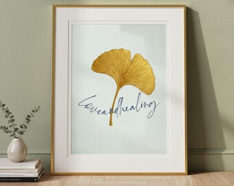 Golden Ginkgo Leaf Poster | Love and Healing Lettering | Textured Light Green Background | Healing and Wall Decor