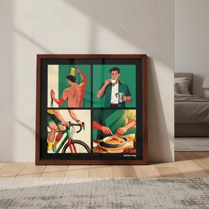 K&ouml;nnte beinhalten: Ein gerahmter Kunstdruck mit vier Tafeln, die einen 'perfekten Tag' darstellen. Die Tafeln zeigen eine Person beim Duschen, Kaffeetrinken, Fahrradfahren und Zubereiten von Pasta. Das Kunstwerk hat ein gr&uuml;nes, gelbes und rotes Farbschema.