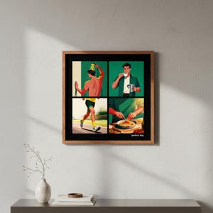 K&ouml;nnte beinhalten: Ein gerahmter Kunstdruck mit vier Panels, die die t&auml;gliche Routine eines Mannes darstellen. Die Panels zeigen einen Mann beim Laufen, Duschen, Kaffeetrinken und Essen von Pasta. Der Text "perfect day" befindet sich unten rechts.