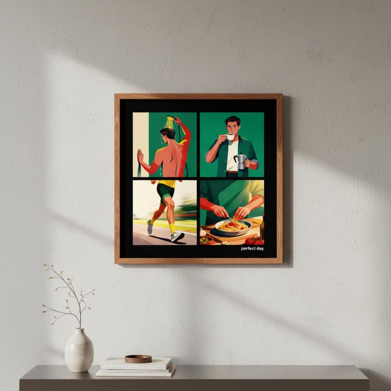 K&ouml;nnte beinhalten: Ein gerahmter Kunstdruck mit vier Panels, die die t&auml;gliche Routine eines Mannes darstellen. Die Panels zeigen einen Mann beim Laufen, Duschen, Kaffeetrinken und Essen von Pasta. Der Text "perfect day" befindet sich unten rechts.