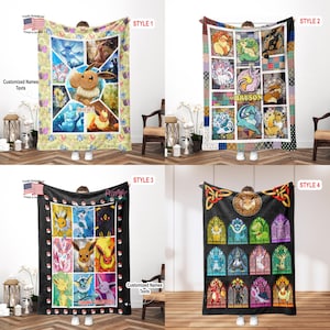 USA MADE Personalized PK Blankets, Custom Name Multi Eevee Evolutions Version Blanket, Anime Manga Gamer Throw
