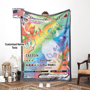 Custom PK Rainbow Rare Charizard Vmax Blanket | Personalized Anime Manga Game Lover Collection Card Blanket Throw