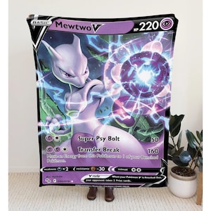 Mewtwo V Sword & Shield Series Blanket | Custom PK Trading Card Blanket, Personalize Anime Fan Gift