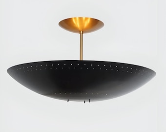 Mid Century Modern Black Brass Flush Mount Ceiling Light – Vintage Perforated Dome Semi Flush Chandelier Fixture" Retro Sputnik Style