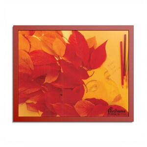 May include: A rectangular red frame containing a mixed-media artwork of a face partially obscured by vibrant red and orange autumn leaves. Two colored pencils rest on the right side. The text Skolemma DESIGN is printed in the bottom right corner.
