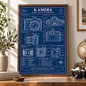 Könnte beinhalten: Ein blau-weißes technisches Blaupausen-Poster mit einer Kamera in Vorder-, Drauf- und Rückansicht, Objektivquerschnitt, Verschlussmechanismus und Bedienelementen. Der Text umfasst 'KAMERA', 'MEHR ALS EIN MOMENT' sowie technische Daten.