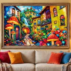 Può includere: Un dipinto ad acquerello incorniciato raffigura un villaggio stravagante. Edifici colorati, una cascata e strutture a forma di fungo creano un paesaggio fantastico. L'opera è ricca di dettagli e colori, con un'estetica calda e invitante. È esposta sopra un divano beige con cuscini colorati.