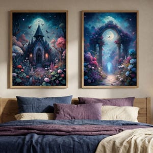 Könnte beinhalten: Zwei gerahmte Kunstdrucke mit Fantasy-Landschaften. Einer zeigt eine Kirche in einem mondbeschienenen Wald, der andere einen floralen Torbogen. Beide zeigen leuchtende Farben, darunter Rosa, Blau und Lila, mit einem Holzrahmen.