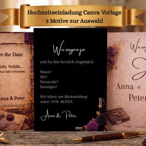 Könnte beinhalten: Drei Hochzeitskarten-Designs. Die zentrale Einladung ist schwarz mit weißer Schrift und lila floralen Akzenten. Der Text lautet "Wir sagen ja" und enthält Details für die Gäste. Ein goldenes Banner oben lautet "Hochzeitseinladung Canva Vorlage".