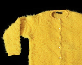 1950s Sweater / 50s FUZZY Bright YELLOW Knit Cardigan Sweater Button Down