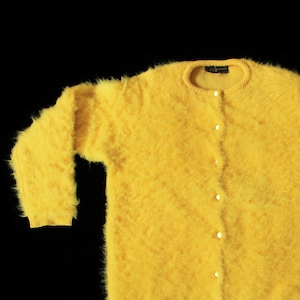 1950s Sweater / 50s FUZZY Bright YELLOW Knit Cardigan Sweater Button Down image 1