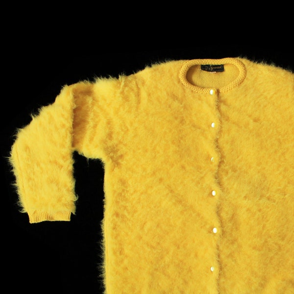 1950s Sweater / 50s FUZZY Bright YELLOW Knit Cardigan Sweater Button Down