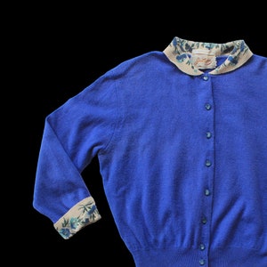 Midcentury Sweater / 50s Jantzen Cardigan / Blue Long Sleeve with Floral Collar and Cuffs / Knitwear image 1