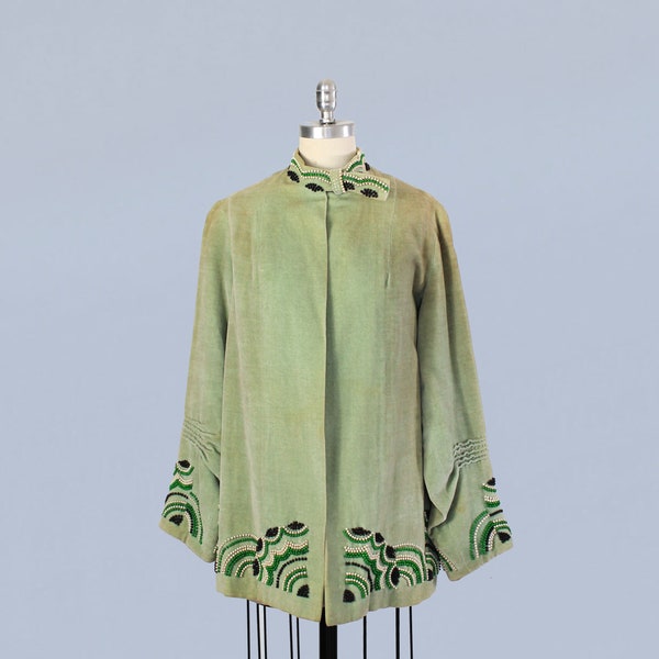 1920s Coat / 20s Green Velvet Jacket / Wooden Beading