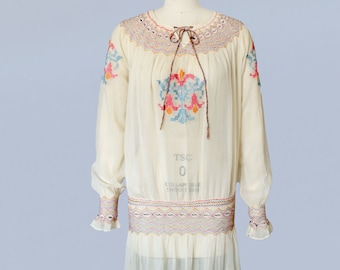 1920s Dress / 20s Embroidered Cotton Peasant Dress /Electric Easter Colors / Cross Stitch Embroidery