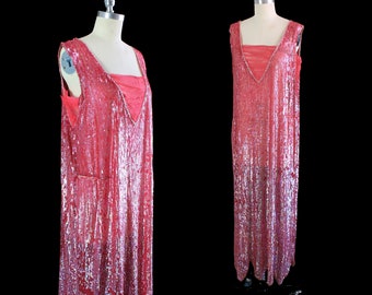 1920s Dress / Hot Pink SEQUIN Encrusted Flapper Dress / Authentic 20s Rare