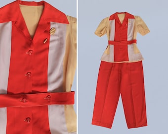 Rare 1940s Pant Set / 40s Color Block Gabardine Pants and Blouse / Two Piece Outfit / Red and Yellow