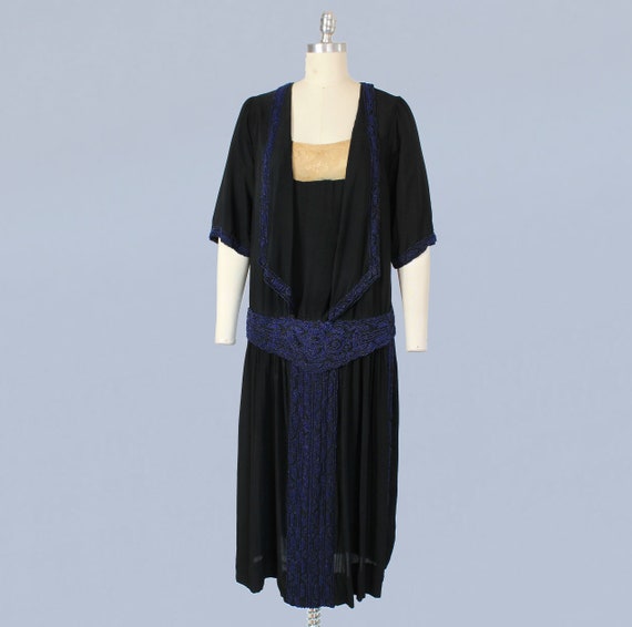 1920s Dress / 20s Beaded Flapper Dress / Black Silk and Blue Glass Beads