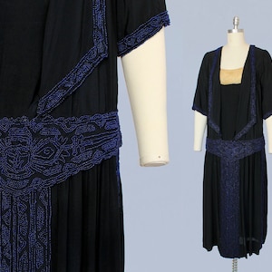 1920s Dress / 20s Beaded Flapper Dress / Black Silk and Blue Glass Beads