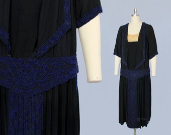 1920s Dress / 20s Beaded Flapper Dress / Black Silk and Blue Glass Beads