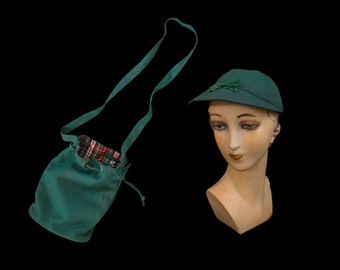 Rare 1940s Sportswear Set / Cap and Bag / Matching Hat and Purse / Green Gabardine / Plaid Lining