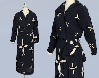 1940s Dress / Navy Draped Silk Faux Wrap Dress / Hip Swag / Sarong Dress / Pinwheel Print