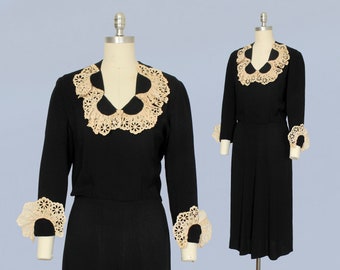 1940s Dress / Late 30s Early 40s Black Crepe Midi Dress with Eyelet Lace Ruffle Cuffs and Collar