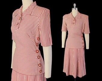 1930s Dress / 30s Two Piece Skirt and Blouse Sportswear Set / Red Candy Striper