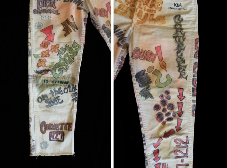 RARE 1960s Pants / 60s 70s Folk Art Hippie Pants / OOAK Hand Drawn Wrangler Cream Sanforized Misses Jeans image 4