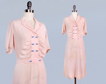 1930s Dress / Late 30s - Early 40s Day Dress / Pink Semi Sheer Silk Dress / Blue Bow Buttons