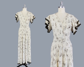 RESERVED --1930s Dress/ 30s Sheer Pinwheel Embroidered Gown / Peter Pan Collar / Button Front