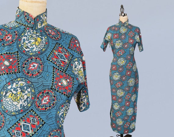 1940s Dress / 40s Novelty Print Cheongsam / Cold R
