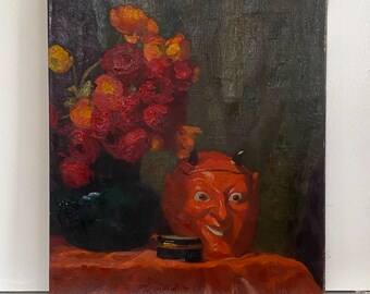 1930s Oil Painting / 30s Vintage Art / Halloween DEVIL FACE Candy Container and Roses