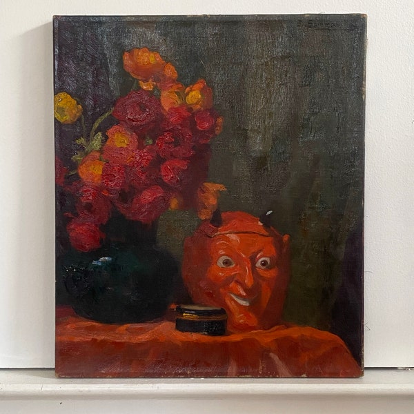 1930s Oil Painting / 30s Vintage Art / Halloween DEVIL FACE Candy Container and Roses